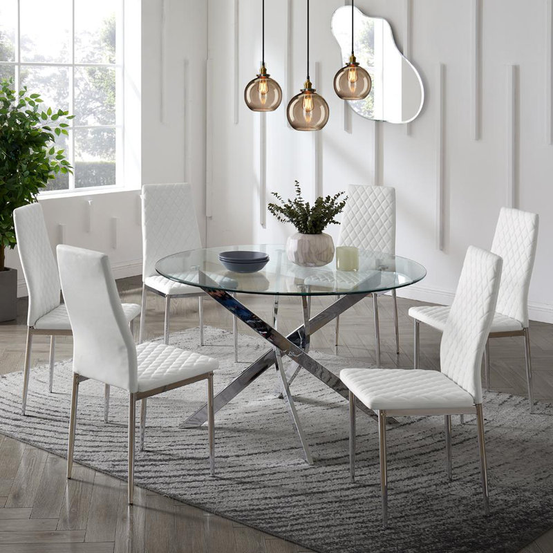 Round Glass Top Metal Base Dining Table, 75cm H x 120cm L x 120cm W, Silver