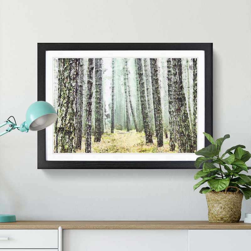 View of a Pine Tree Forest - Picture Frame Painting Print on MDF, 65cm H x 48cm W x 2cm D, Black Framed