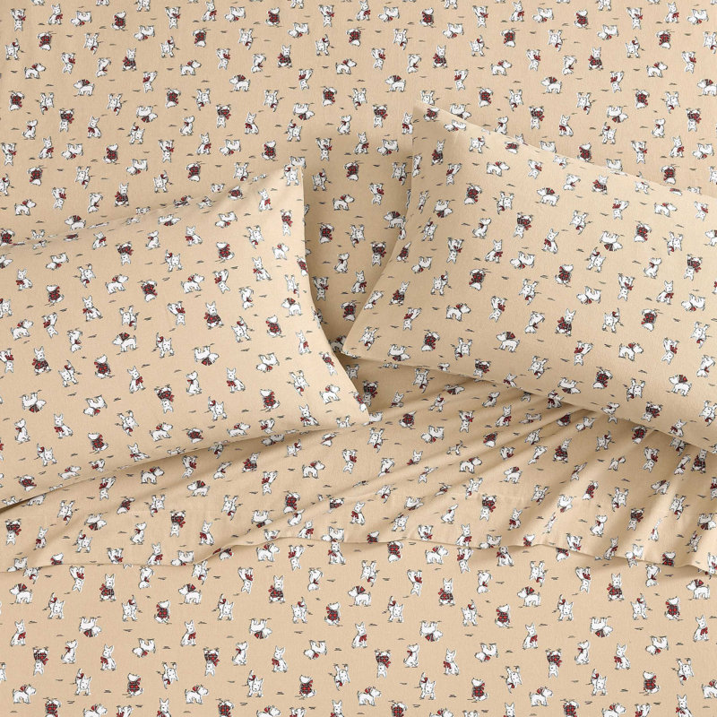 Holiday Scottie Beige Cotton Flannel Twin Bedding Set