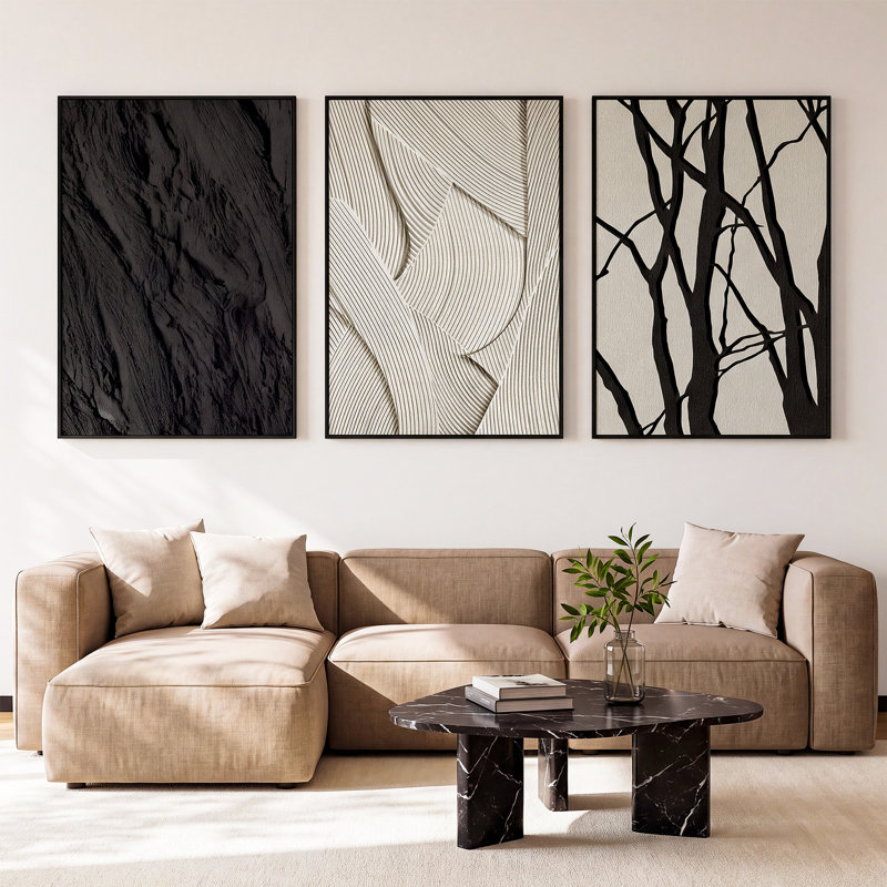 Ensemble de 3 toiles de grès texturées, art moderne abstrait noir et blanc sur branche