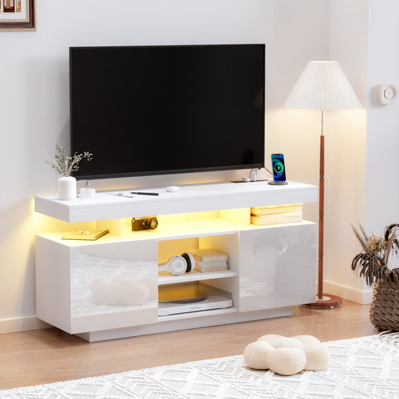 Modern 47.2/55.1 in Media Console with Outlet and RGB LED Light, TV Stand for TVs up to 65/55 inch, White, 47.24'' W