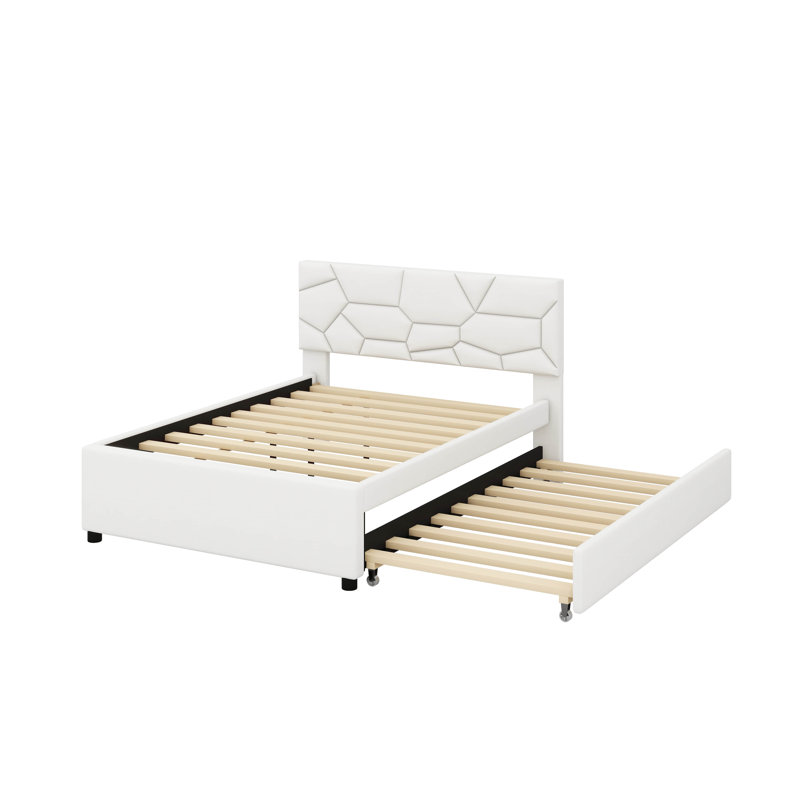 Lit plateforme tapissier avec tête de lit et lit gigogne à motif brique, Beige