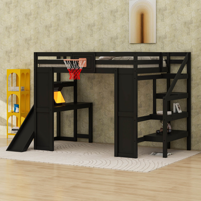 Lit mezzanine double en bois avec bureau intégré, panier de basketball et glissade, Noir
