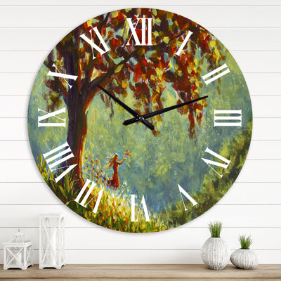 «Girl in Red Dress on Spring Tree Swing» - Horloge murale traditionnelle