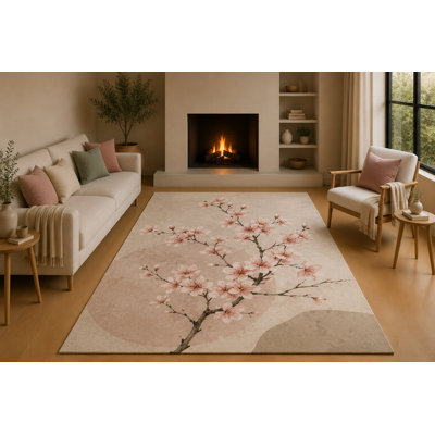 "Ultra Lightweight" 5'x7' Cherry Blossom Area Rug with Non-Slip Silicone Backing Low Pile Soft Carpet for Living Room Bedroom Nursery Soft Pink Floral Branch Decor