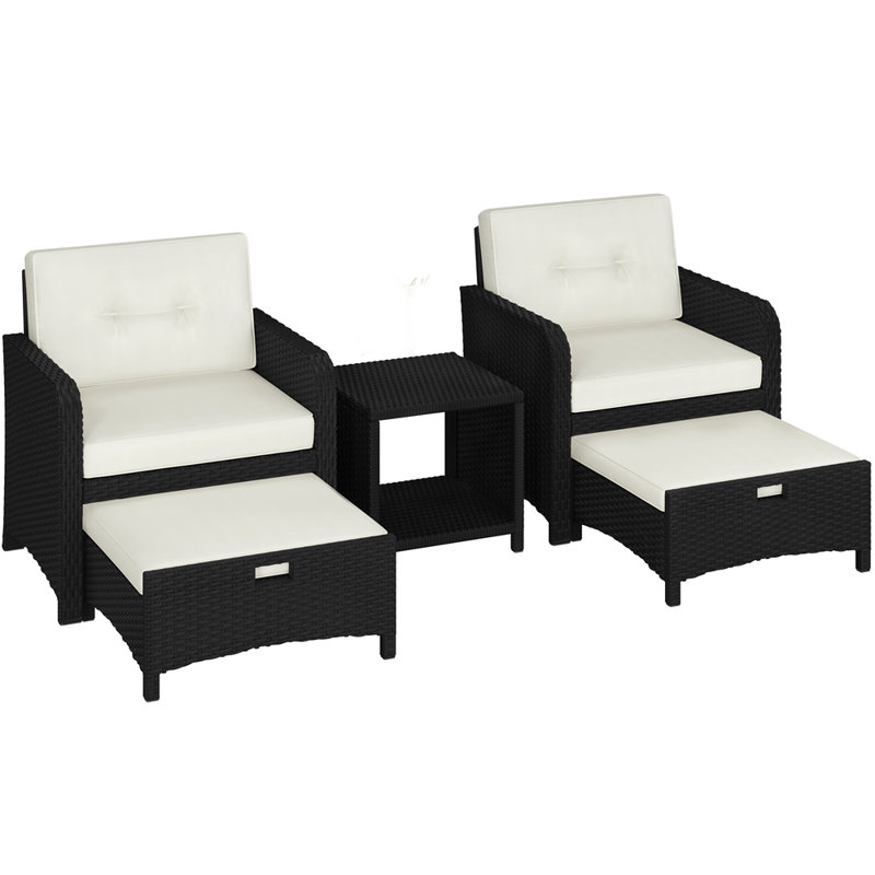 5-Piece Outdoor Patio Furniture Set with Rattan Side Table & 2 Chairs & 2 Ottomans