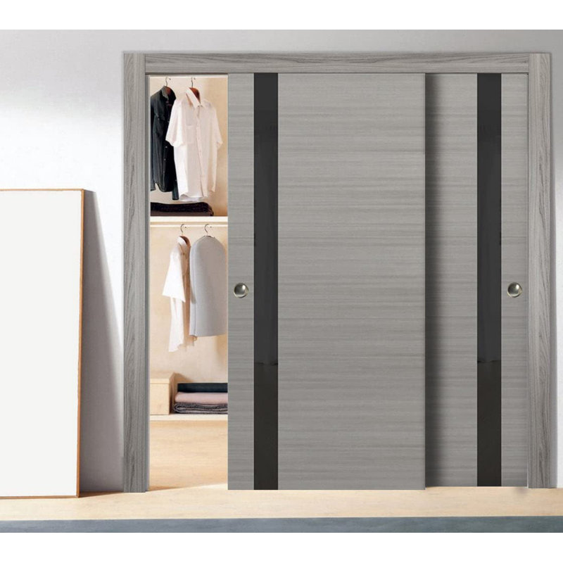 Sliding Closet Bypass Doors | Planum 0040 Matte Black With White Glass | Sturdy Rails Mouldings Trims Hardware Set | Wood Solid Bedroom Wardrobe Doors