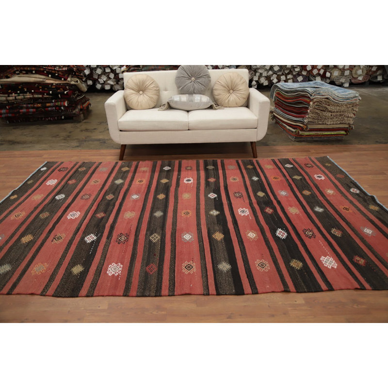 Tapis kilim élégant à rayures tribales 7 x 10 avec accents géométriques