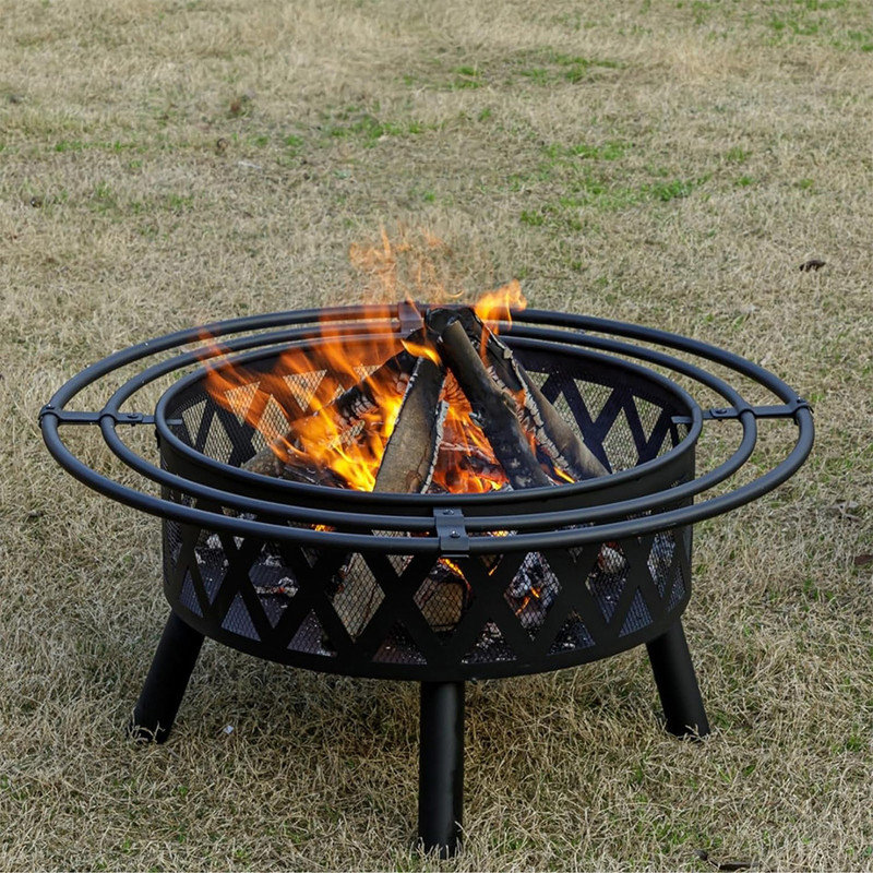 36 Inch Black Steel Outdoor Fire Pit with Spark Screen and Fire Poker