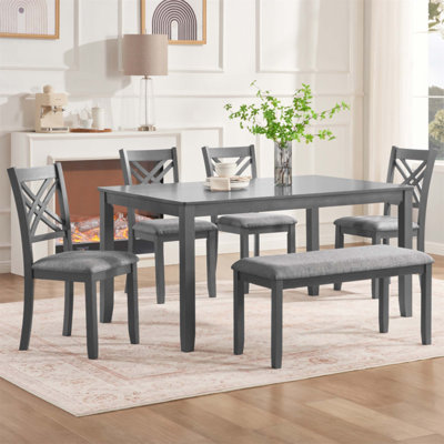 6 Piece Kitchen Dining Set with Rectangular Wooden Table, 4 Upholstered Chairs, and a Bench for Comfortable Family Meals