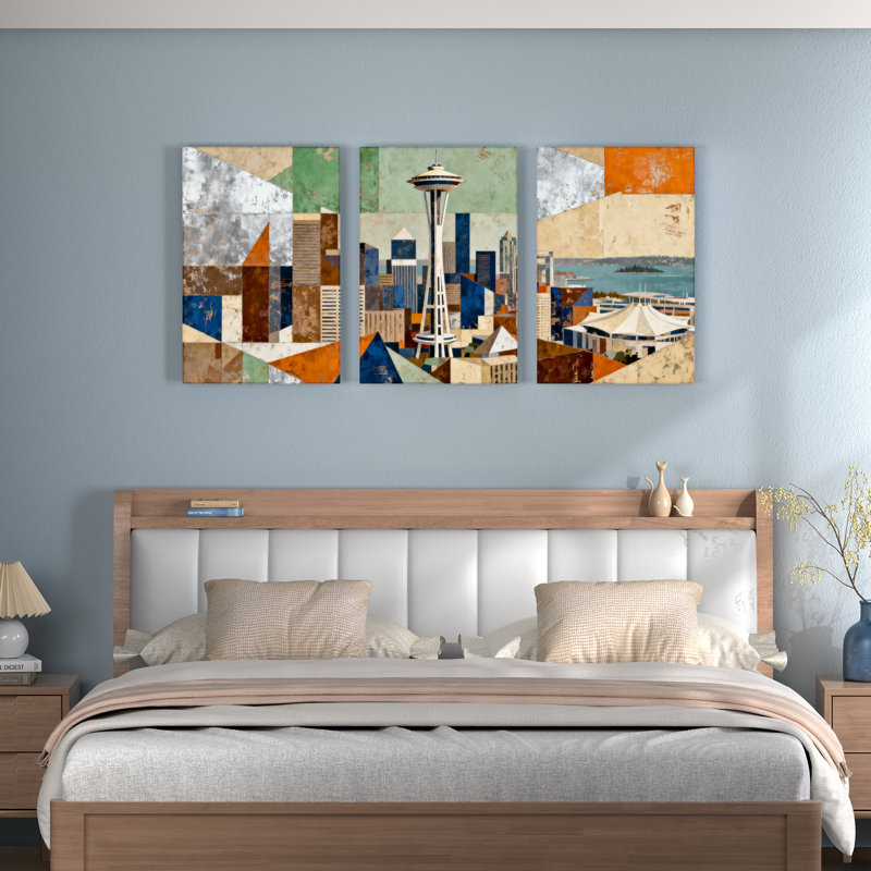 Abstrait, horizon de Seattle, art mural sur toile, impression de paysage urbain géométrique (ensemble de 3)