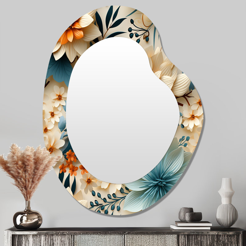 Warm Terracotta & Blue Floral Botanical Pattern - Floral Unique Shape Large Mirror, Cottage Asymmetrical Unique Wall Mirror Decor, Printed Metal Art