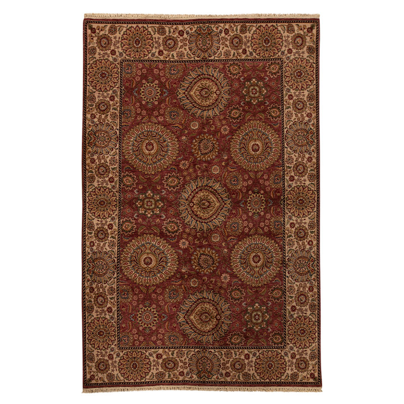 Tapis unique en laine noué à la main de 5 pi 9 po x 8 pi 9 po rose / ivoire / jaune