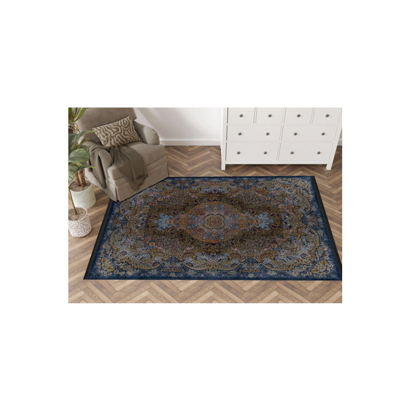 Tapis décoratif lavable à la machine multicolore bleu marine, Tapis de couloir 2 pi 6 po x 6 pi 7 po inclus