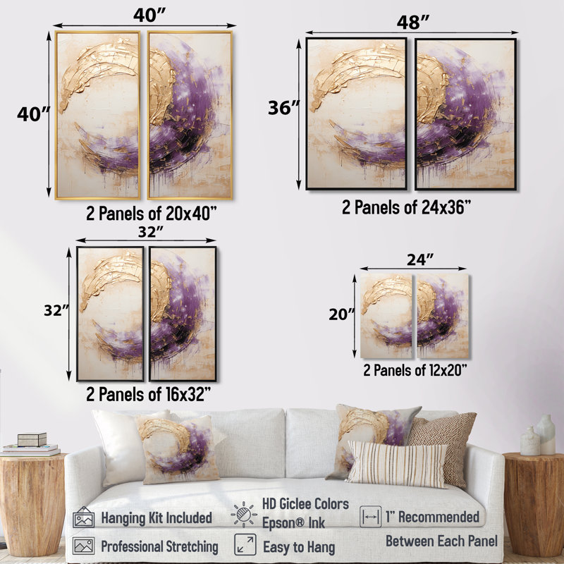Spirale lunaire dorée et mauve - impressions sur toile modernes, H 36 po x l 48 po, Impression encadrée flottante, Doré