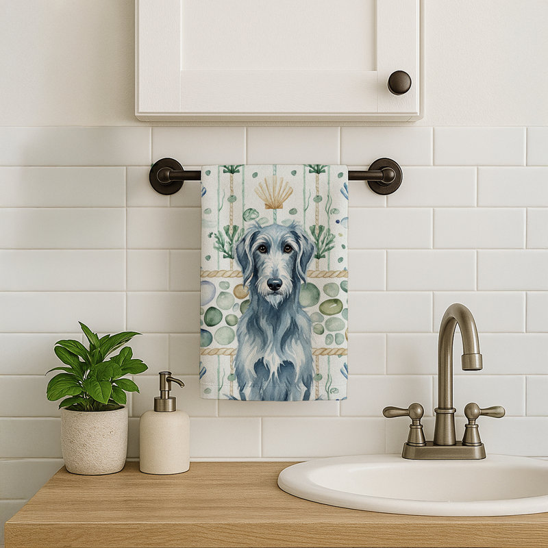 Blue-Gray Scottish Deerhound Coastal Sea Glass Kitchen Towel, Blue-Gray Scottish Deerhound