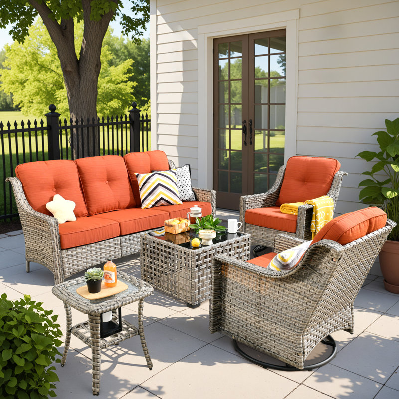 Daliya Wicker 5 - Person Patio Conversation Set with Cushions, Orange