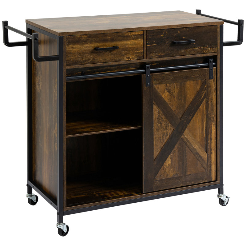 Chariot de cuisine industriel, îlot de cuisine roulant avec tablette réglable, deux tiroirs, armoire de porte de grange coulissante et porte-serviettes, brun rustique