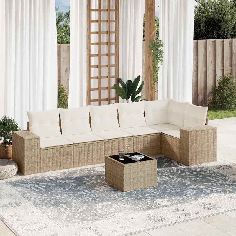  Ensemble de canapé de patio 7 pièces avec coussins en rotin de polyester beige, Beige