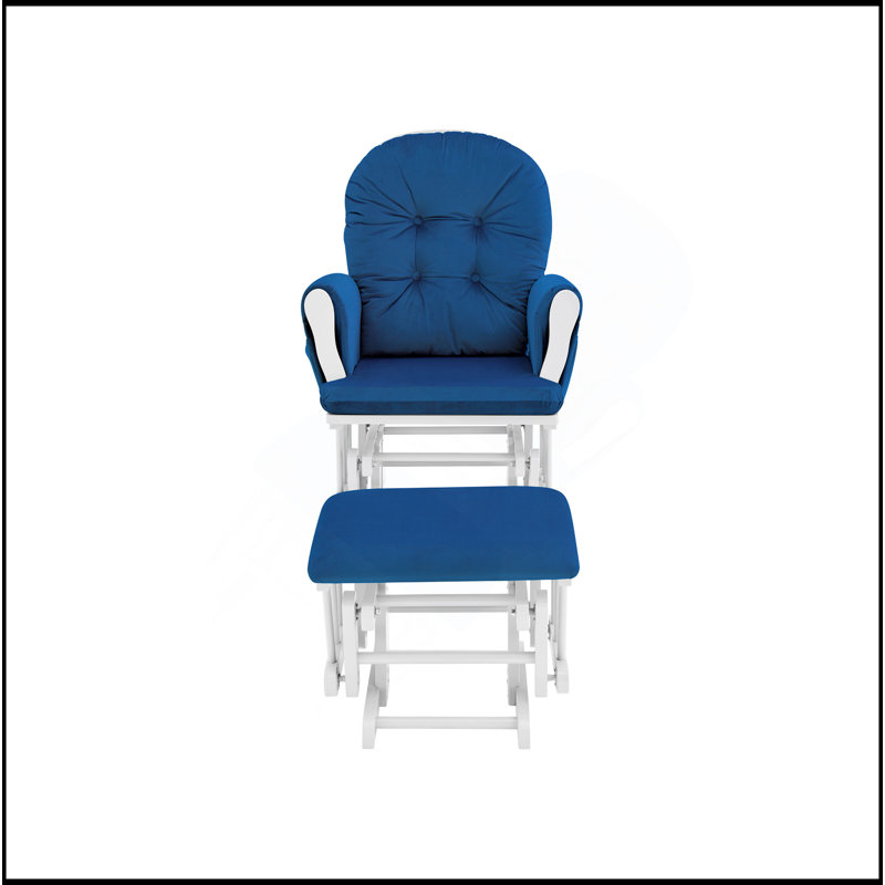 Cleo Wooden Glider and Ottoman, White Wood, Blue Polyester
