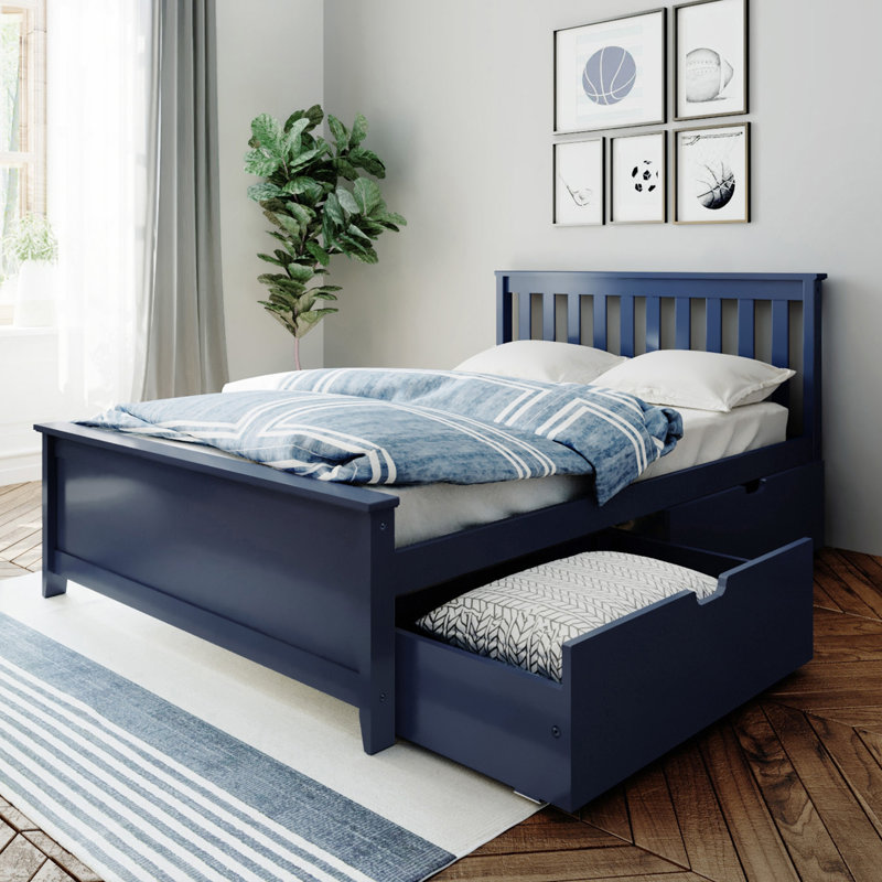  Lit plateforme double en bois massif Bolinger, Bleu, Double