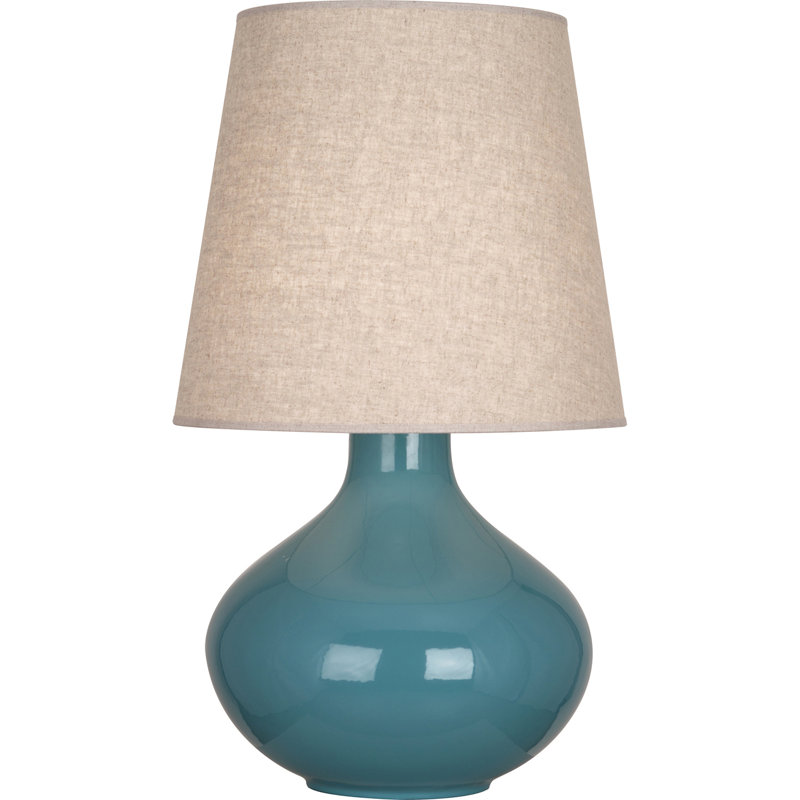 June Ceramic Table Lamp, Buff Linen, Steel Blue