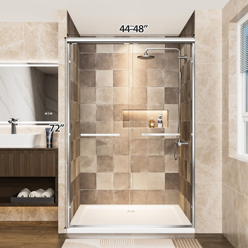 Aluminum Frame Double Sliding Shower Door, 72" H, 48" W, 1/4"  6Mm  Tempered Glass With Film, Stainless Steel Handles, Adjustable And Easy To Install In Bathroom Clear - Breakage Reversible Width For
