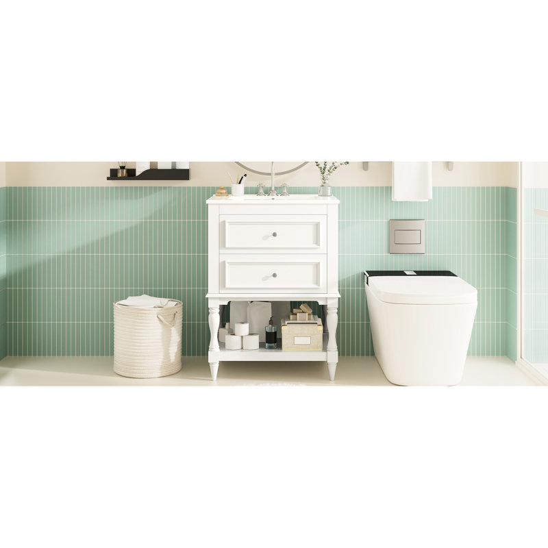 Meuble-lavabo de 24 po avec lavabo en céramique, solution de rangement moderne, tablette ouverte et 2 tiroirs, armoire au design rétro élégant