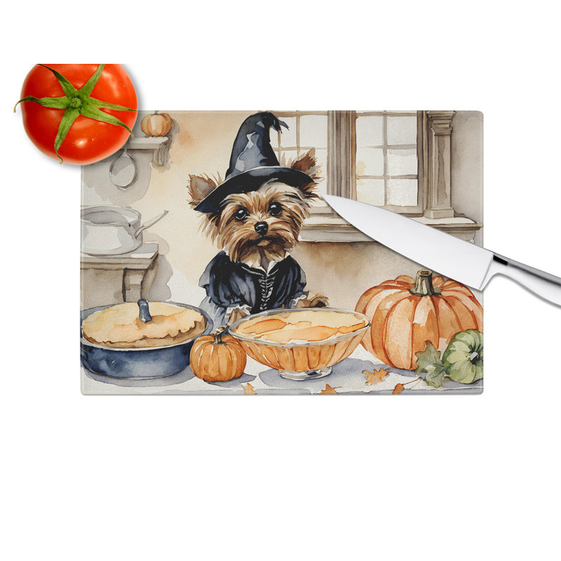 Yorkie Fall Kitchen Pumpkins Glass Cutting Board Large