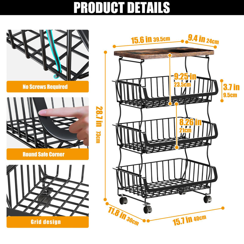 Fruit Vegetable Basket For Kitchen, 4 Tier Stackable Fruit Vegetable Storage Baskets With Wheels, Metal Wire Storage Basket Organizer Baskets