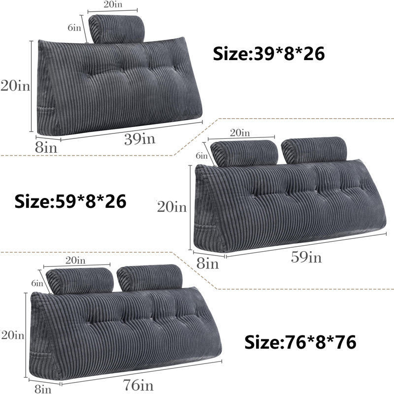 Magic Velvet Backrest Pillow,Headboard Wedge Pillow  , 26''H x 76''W, Gray