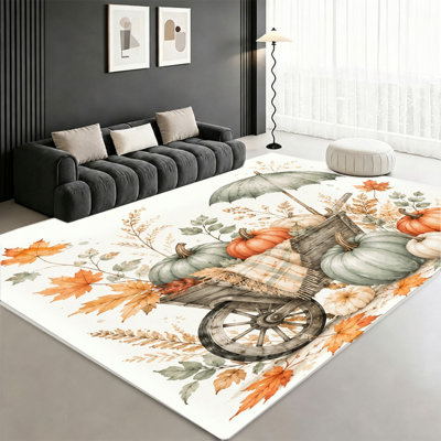 Autumn Harvest Cart Watercolor Area Rug, Pumpkin Leaves Print, Soft Velvet Touch, Non‑Slip Floor Mat, Festive Indoor Home Decor for Living Room, Bedroom, Entryway, Kitchen, Apartment