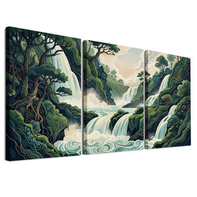 Ensemble de 3 toiles murales représentant des cascades dans une forêt turquoise et verte