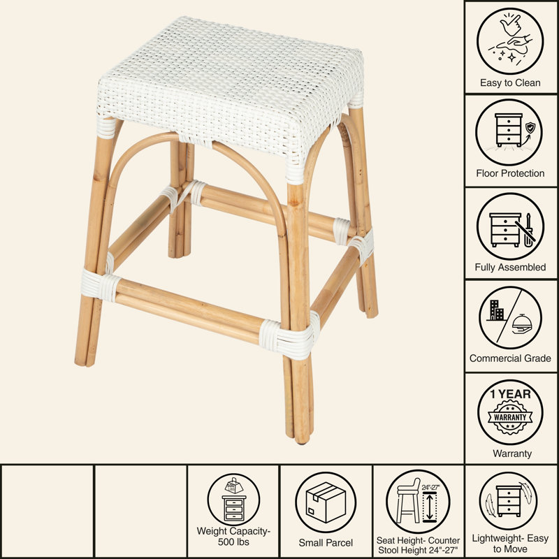 Robias Rattan Bar & Counter Stool, Glossy White/ Natural Rattan Frame, Counter Stool (24.5" Seat Height)