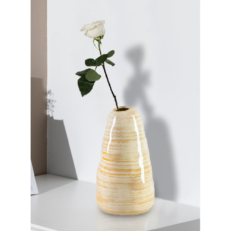 Hubbs Striped Ceramic Vase - Handcrafted Beige & Golden Decorative Vase For Flowers, Dried Botanicals, Or Standalone Home Décor, 4.5" Diameter & 7.5" Tall, Pack Of 12