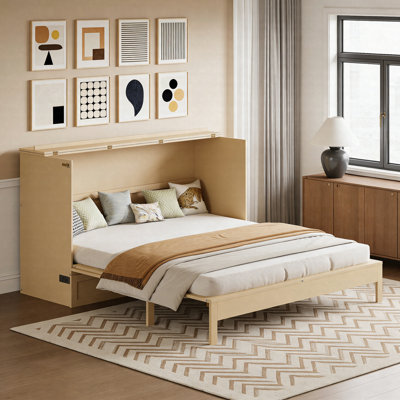Grand lit escamotable avec grands tiroirs de rangement et port de chargement USB, lit d'armoire pliable peu encombrant avec finition en rotin, cadre de lit mural moderne pour les petites pièces