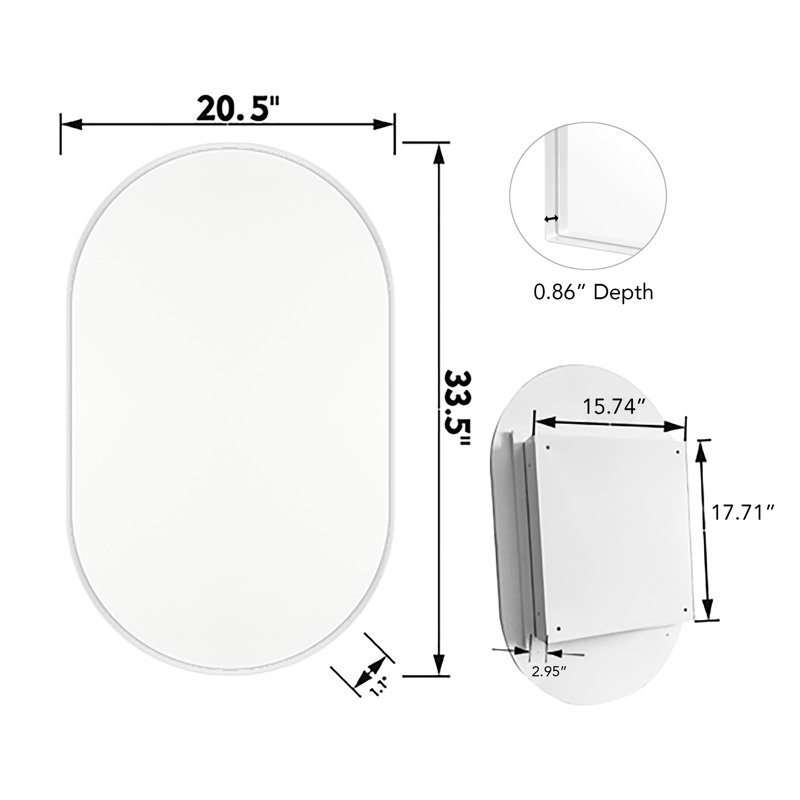 Armoire murale de salle de bain en métal avec cadre ovale encastré de 20 po x 34 po avec miroir et tablettes réglables, unité blanche 20,18 x 33,19