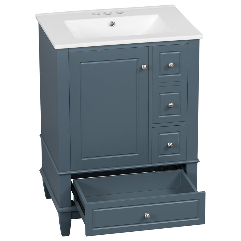 Meuble-lavabo autoportant de 24 po avec lavabo, tiroirs et tablettes en céramique Hutton, Bleu gris