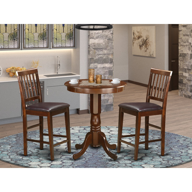 L'ensemble de salle à manger 3 pièces à hauteur de comptoir comprend une table de salle à manger ronde avec piédestal et 2 chaises rembourrées en similicuir, acajou