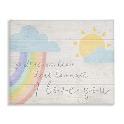 How Much I Love You Rainbow Clouds and Sun on Planks Stretched Canvas Wall Art by Daphne Polselli