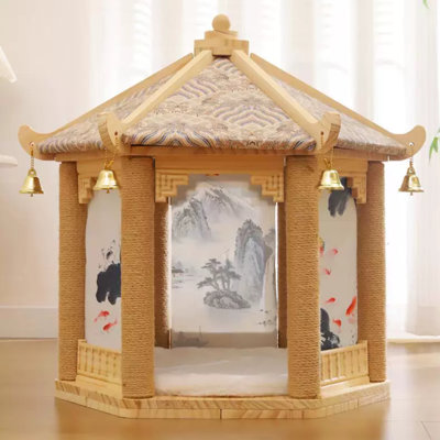 Cat House Pavilion Style Wooden Cat Cave, Sisal Scratching Post & Cozy Hideaway Bed with Curtains & Bells, Enclosed Indoor Pet Condo for Cats & Kittens