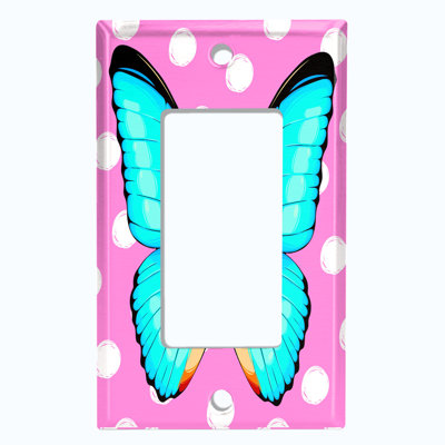 Metal Light Switch Plate Outlet Cover (Blue Butterfly Pink Polka Dots - Single Toggle)