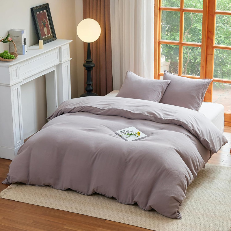 Ensemble de housse de couette en mousseline 100% coton lavé pour toutes les saisons, Gris, café