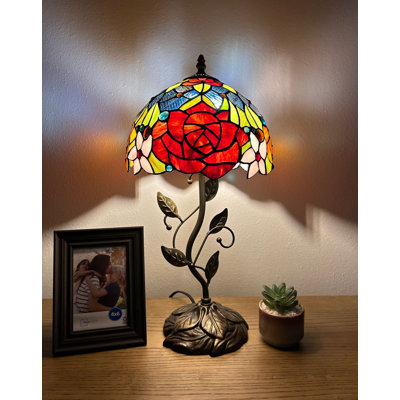 Lave Tiffany Table Lamp Stained Glass Rose Flowers LED Bulb Included 20"H*10"W*10"D