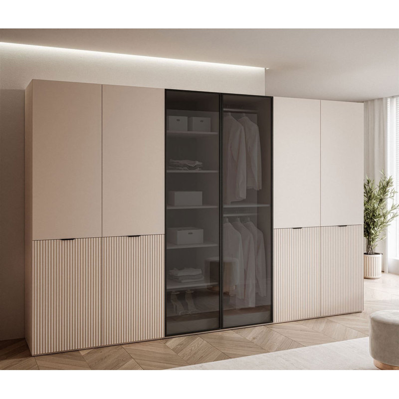 Manufactured Wood Wardrobe, Sandy Beige/Black Glass