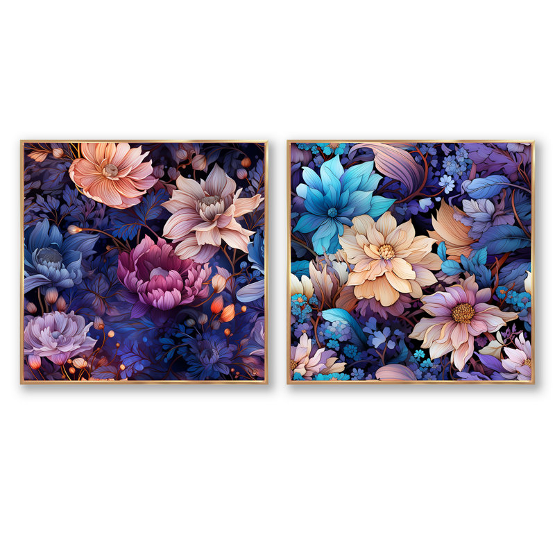 Orly - Ensemble de 2 collages carrés floraux, Cadre flottant doré, H 30 po x l 61 po