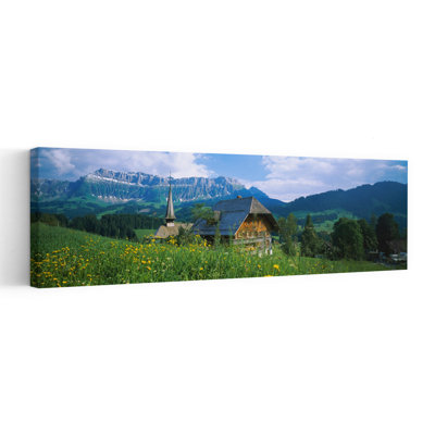 Chalet et une église sur un paysage, Emmental, Suisse, art contemporain abstrait, art mural floral