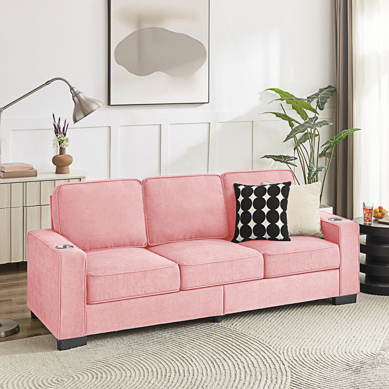 Modern Compressed 3-Seater Couch, Pink Fabric