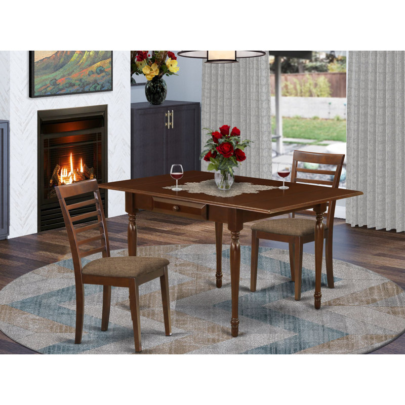 L'ensemble de meubles de salle à manger 3 pièces contient une table de cuisine rectangulaire avec Dropleaf et 2 chaises de salle à manger en tissu de lin, acajou
