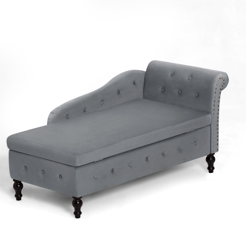 Chaise longue en velours avec accoudoir droit et espace de rangement, Gris